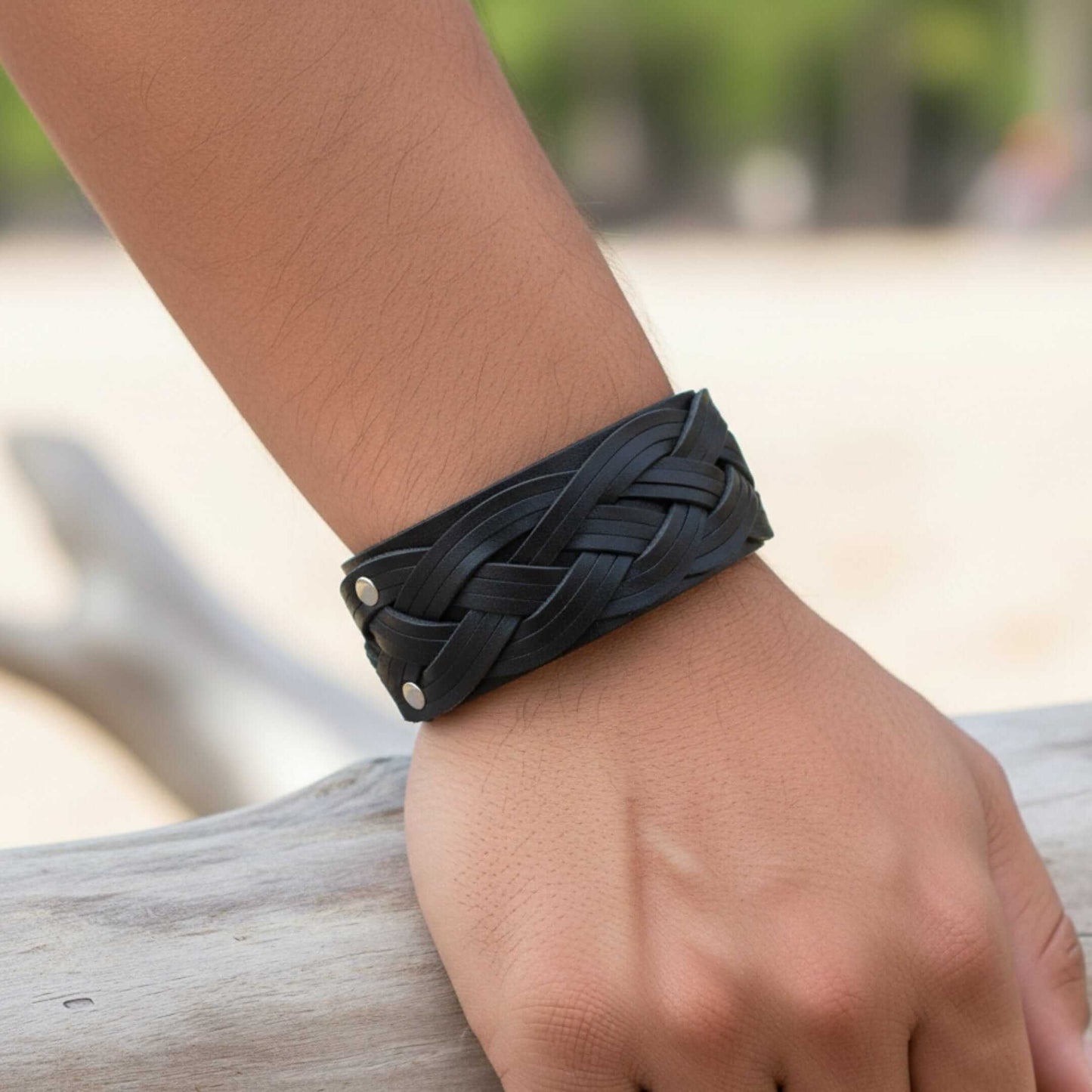 KNIGHTS WEAVE - 40mm Black Genuine Leather Adjustable Bracelet for Men & Boys (7-7.8-8.4 inch) — Leather Bracelet for Men | THE MEN THING