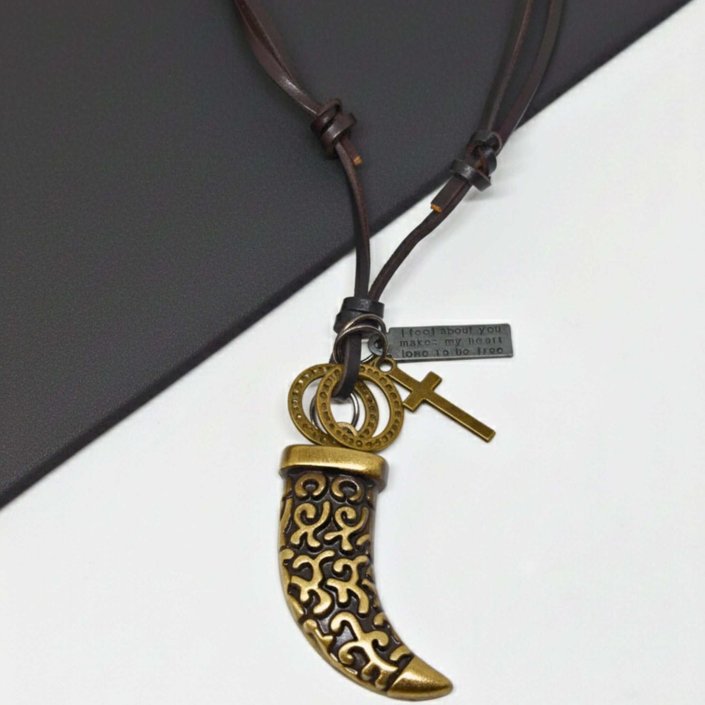 LEGION FANG - Brass Gold – 2-Inch Pure Stainless Steel Pendant with Adjustable Leather Rope for Men & Boys — Leather Necklace for Men | THE MEN THING