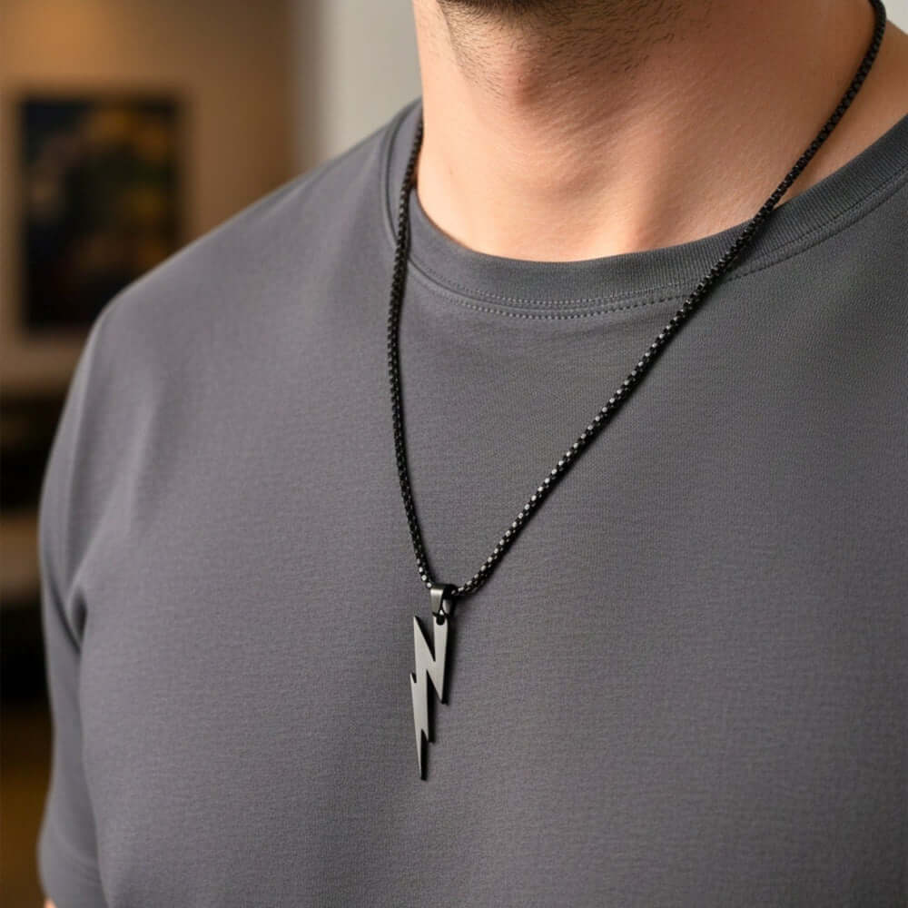 LIGHTNING BLACK BOLT - 10mm Titanium Steel Pendant with 23inch Round Box 4 mm Chain for Men & Boys — SS Pendant/ Necklace for Men | THE MEN THING
