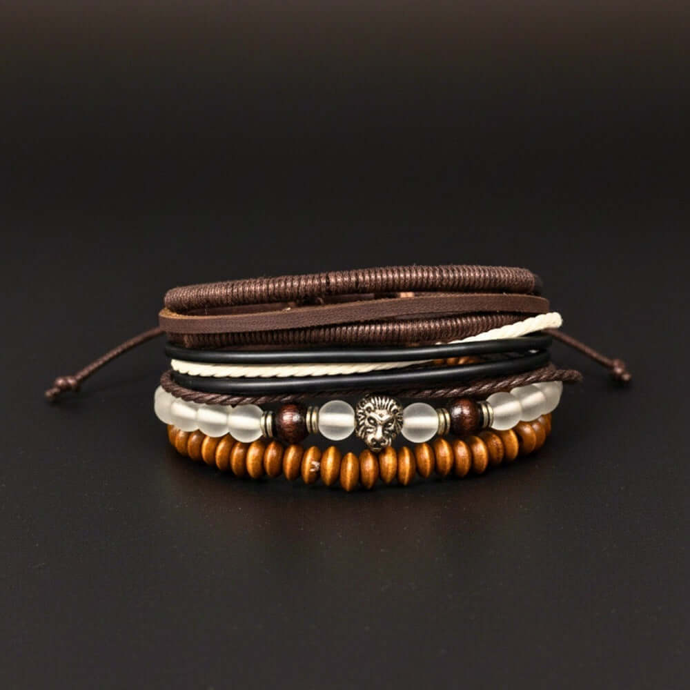 LIONHEART TRIBAL - 4 Pcs Genuine Leather Adjustable Bracelet Set for Men & Boys (8 inch) — Leather Bracelet for Men | THE MEN THING