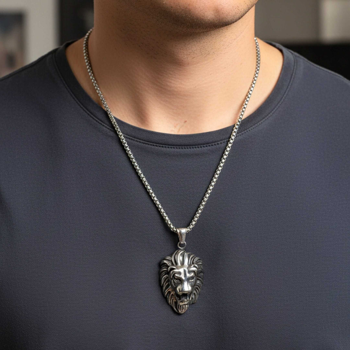 MAJESTY LION HEAD - 28mm Titanium Steel Pendant with 24inch Round Box 5mm Chain for Men & Boys — SS Pendant/ Necklace for Men | THE MEN THING
