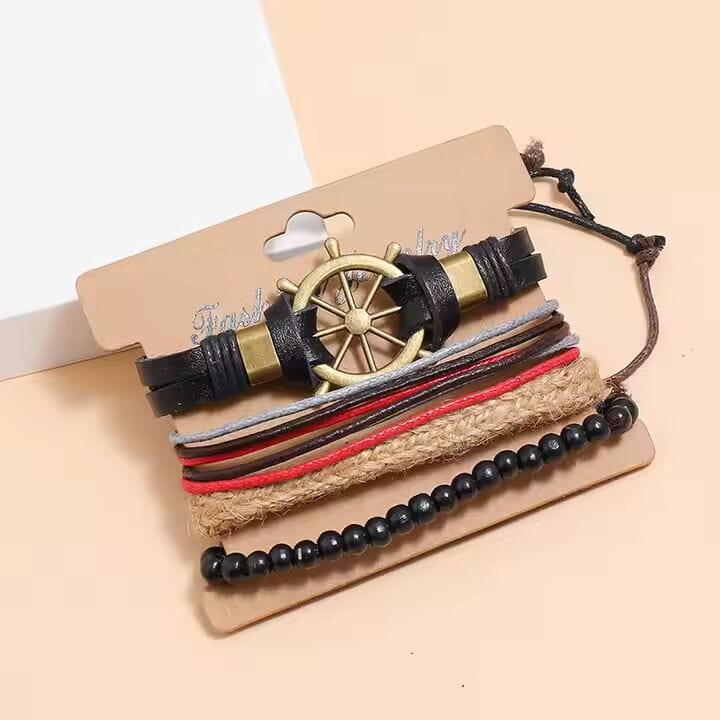 MARINER’S EDGE - 4 Pcs Genuine Braided Leather Bracelet Set for Men & Boys (8 inch) - THE MEN THING