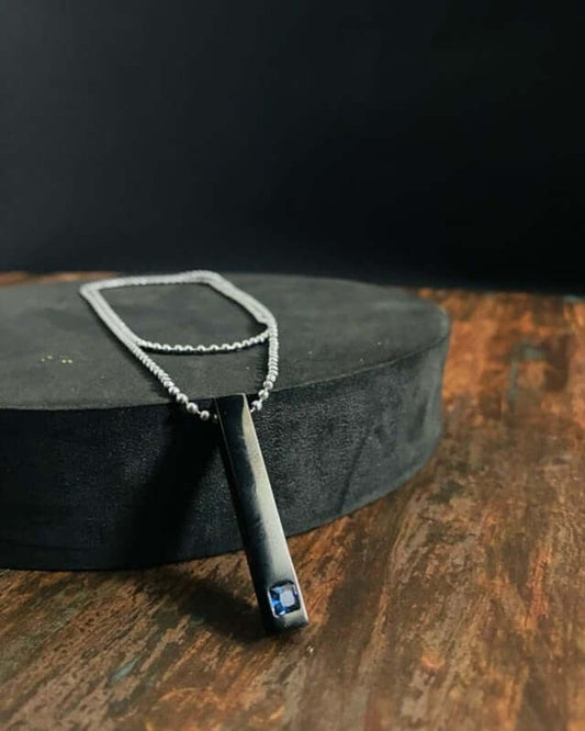 MIDNIGHT DELIGHT : Pure Titanium Steel Blue 3D Crystal with Black Cuboid Vertical Bar Pendant with 24inch Ball Chain for Men & Boys - THE MEN THING