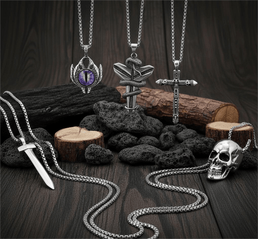 MIDNIGHT TALISMAN Collector's 5-Piece Men’s Pendant Set – BLACK MAMBA, PURPLE-EYE PROTECT, SILVER NAILS, SKULL HARD, & RED INDIAN CROSS Necklaces on 24 Inch Stainless Steel Chain for Mens and Boys — Necklace for Men | THE MEN THING
