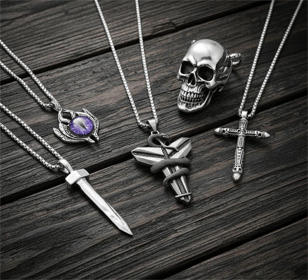 MIDNIGHT TALISMAN Collector's 5-Piece Men’s Pendant Set – BLACK MAMBA, PURPLE-EYE PROTECT, SILVER NAILS, SKULL HARD, & RED INDIAN CROSS Necklaces on 24 Inch Stainless Steel Chain for Mens and Boys - THE MEN THING