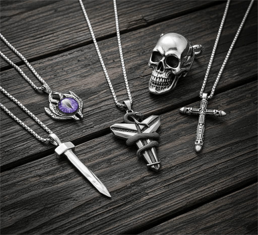 MIDNIGHT TALISMAN Collector's 5-Piece Men’s Pendant Set – BLACK MAMBA, PURPLE-EYE PROTECT, SILVER NAILS, SKULL HARD, & RED INDIAN CROSS Necklaces on 24 Inch Stainless Steel Chain for Mens and Boys — Necklace for Men | THE MEN THING