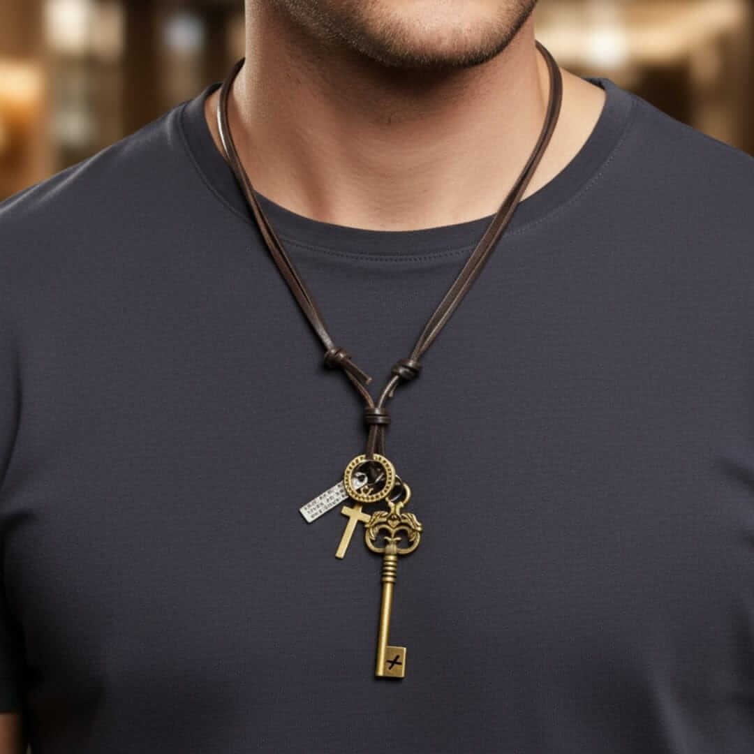 MYSTERIOUS KEY – 2.5-Inch Pure Stainless Steel Pendant with Adjustable Leather Rope for Men & Boys — Leather Necklace for Men | THE MEN THING
