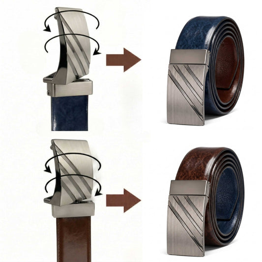 Mens 100% Genuine Leather Belt - STRYVA Smooth Navy Plate (BLUE & Brown Reversible) — Leather Belts for Men | THE MEN THING