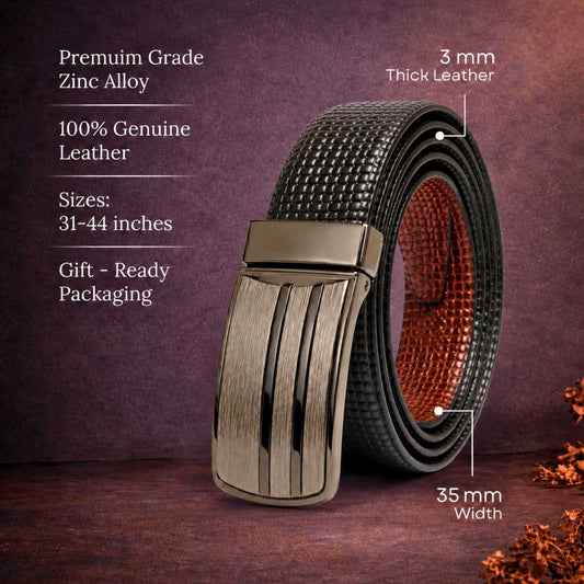 Mens 100% Genuine Leather Belt - VALTRIX Woven Emboss Plate (Black & Brown Reversible) — Leather Belts for Men | THE MEN THING