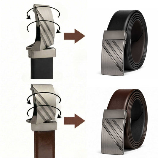 Mens 100% Genuine Leather Belt - LYVEX Smooth Auto Plate (Brown & Black Reversible) — Leather Belts for Men | THE MEN THING