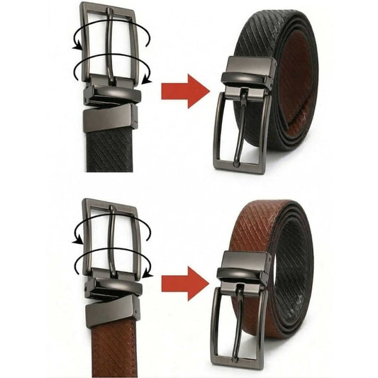 Mens 100% Genuine Leather Belt - ORVANO Diagonal Rib Emboss (Brown & Black Reversible) — Leather Belts for Men | THE MEN THING