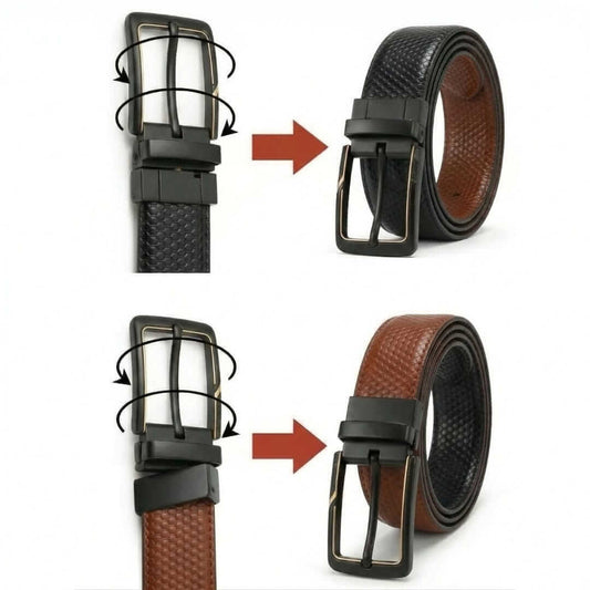 Mens 100% Genuine Leather Belt - ORVEXA Scale Emboss (Brown & Black Reversible) — Leather Belts for Men | THE MEN THING