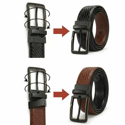 Mens 100% Genuine Leather Belt - STRAVON Ribbed Line Detail (Brown & Black Reversible) — Leather Belts for Men | THE MEN THING