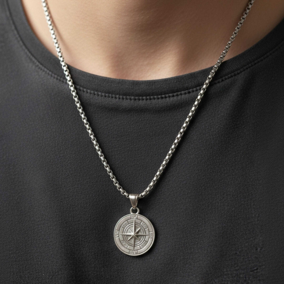 NAVIGATOR (T) - 26mm Pure Titanium Steel Pendant with 24inch Round Box 5mm Chain for Men & Boys — SS Pendant/ Necklace for Men | THE MEN THING