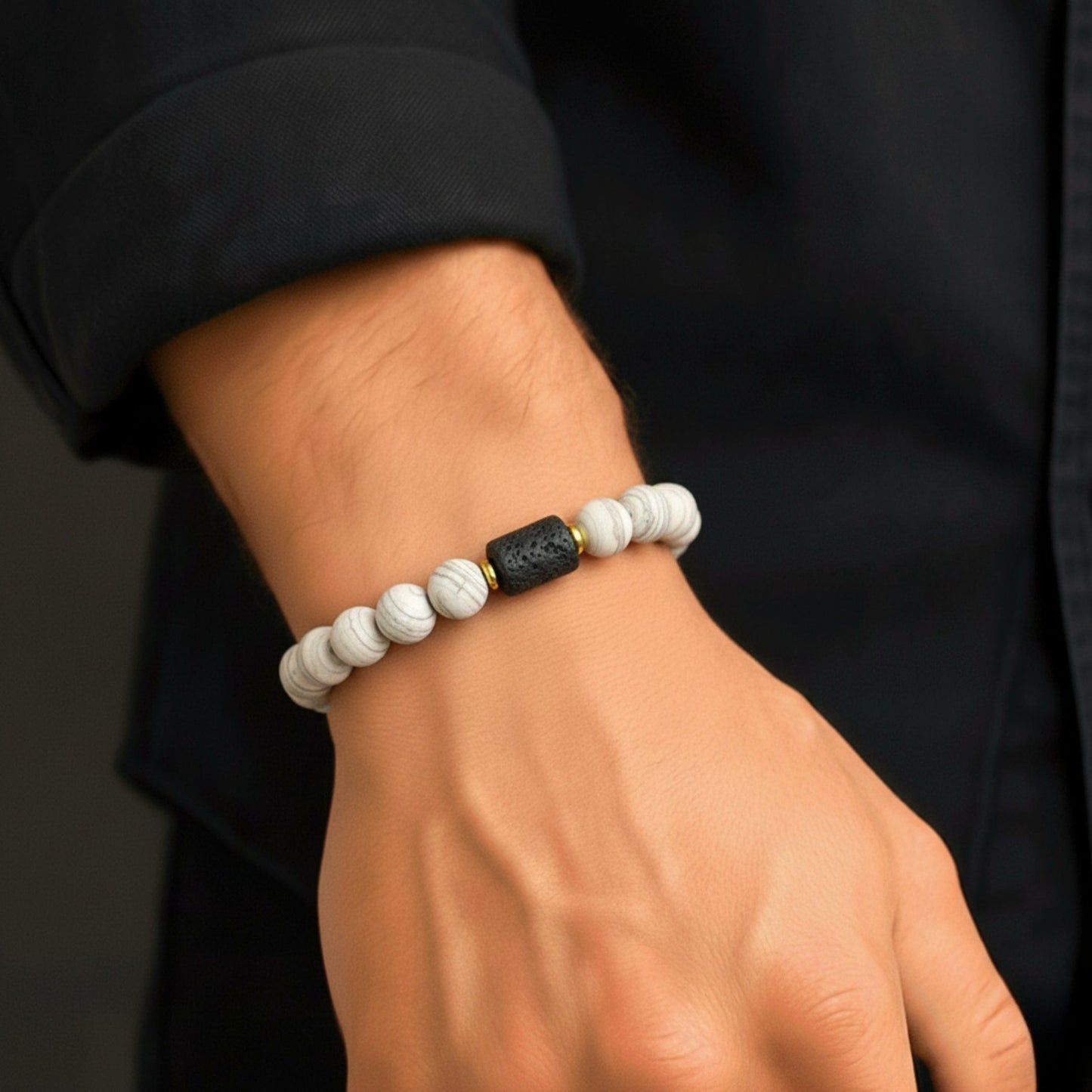 NOIR ORBIT - 12mm Beads Bracelet with Natural Stone - Adjustable Bracelet - THE MEN THING