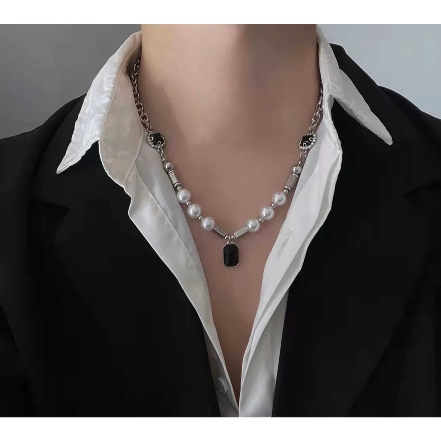 NOIR PEARL - 11mm Titanium Steel Pendant with 18 to 20inch Adjustable Cable 8mm Chain for Men & Boys — Pearl / Bead Necklace for Men | THE MEN THING