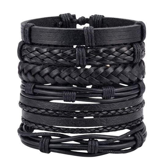 NOIR WEAVE - 6 Pcs Genuine Leather Adjustable Bracelet for Men & Boys — Leather Bracelet for Men | THE MEN THING