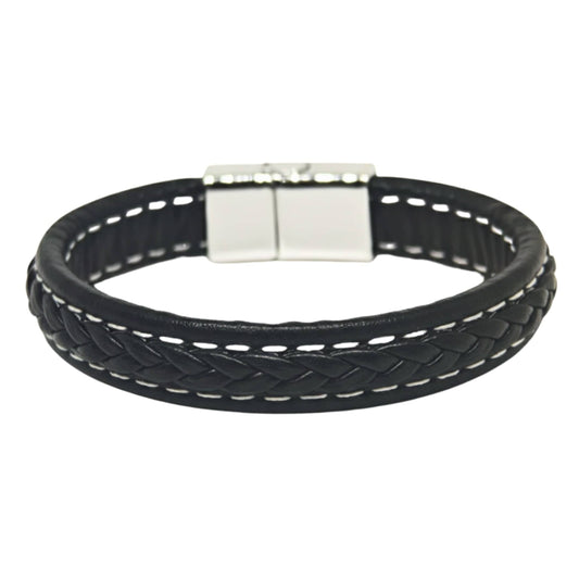 NOIRBOUND - Black 14mm Genuine Leather Bracelet with Stainless Steel Magnetic Buckle for Men & Boys (8 inch) - THE MEN THING