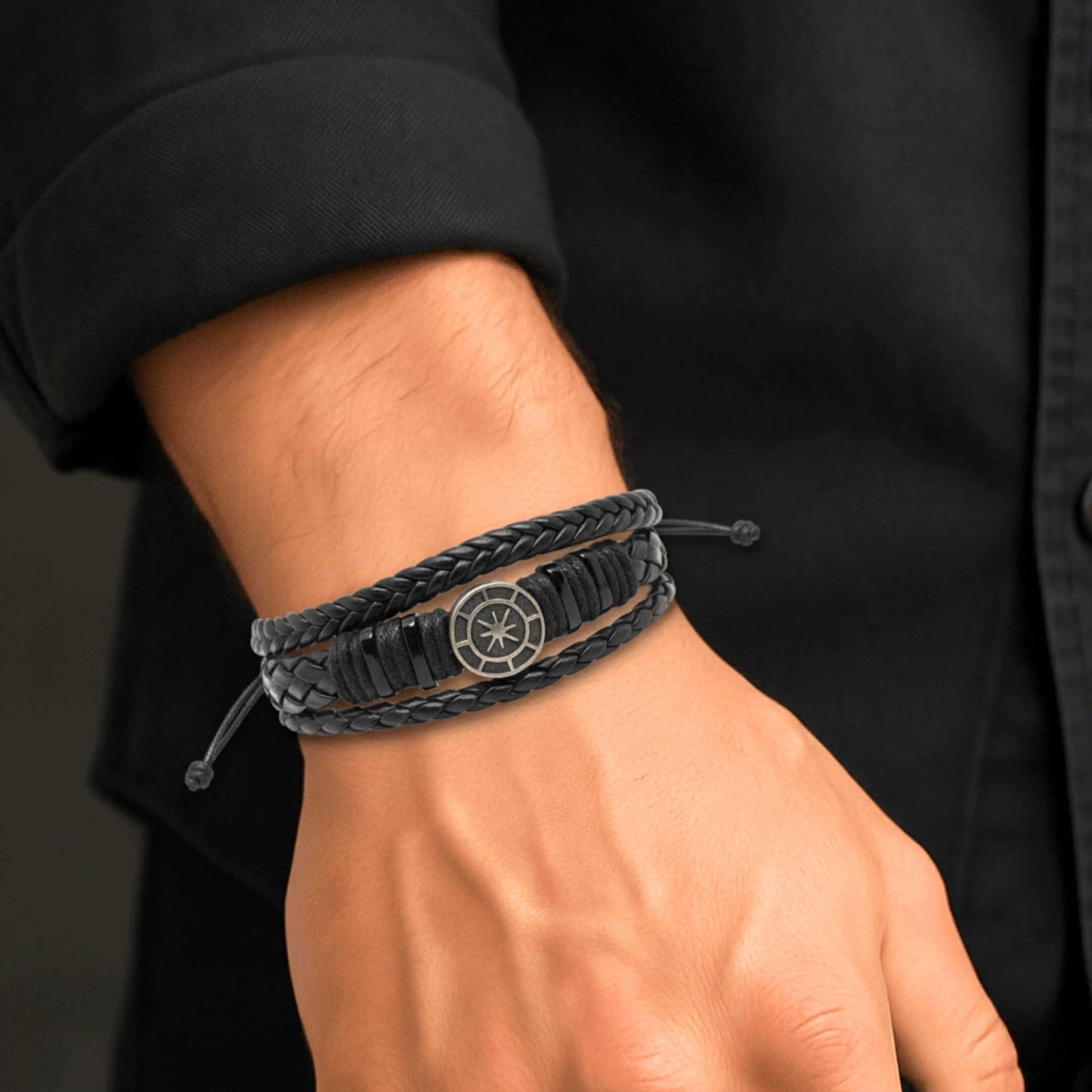 NOMAD STAR - Black Genuine Leather Bracelet Set for Men & Boys (Adjustable) — Leather Bracelet for Men | THE MEN THING