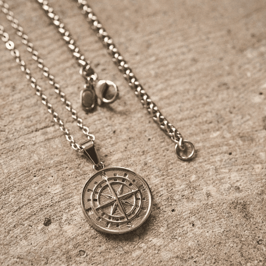 NORTH STAR - Silver Tone Alloy Pendant with Stainless Steel Round Box Chain Set - 24-inch & 3mm Rope Chain, European Trending Style - THE MEN THING