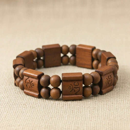 OM SERENITY - 15mm Wooden Beads Bracelet with Natural Stone - Adjustable Bracelet — Bead Bracelet for Men | THE MEN THING