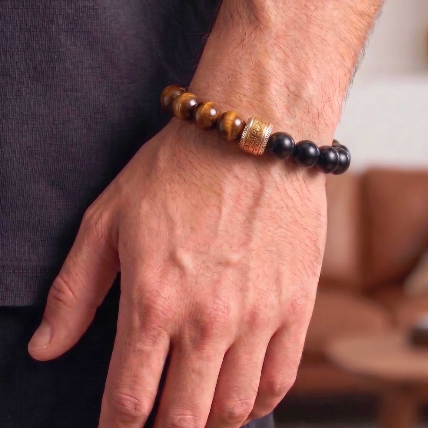 ONYX AURA - 12mm Beads Bracelet with Natural Stone Adjustable Bracelet for Men & Boys — Bead Bracelet for Men | THE MEN THING