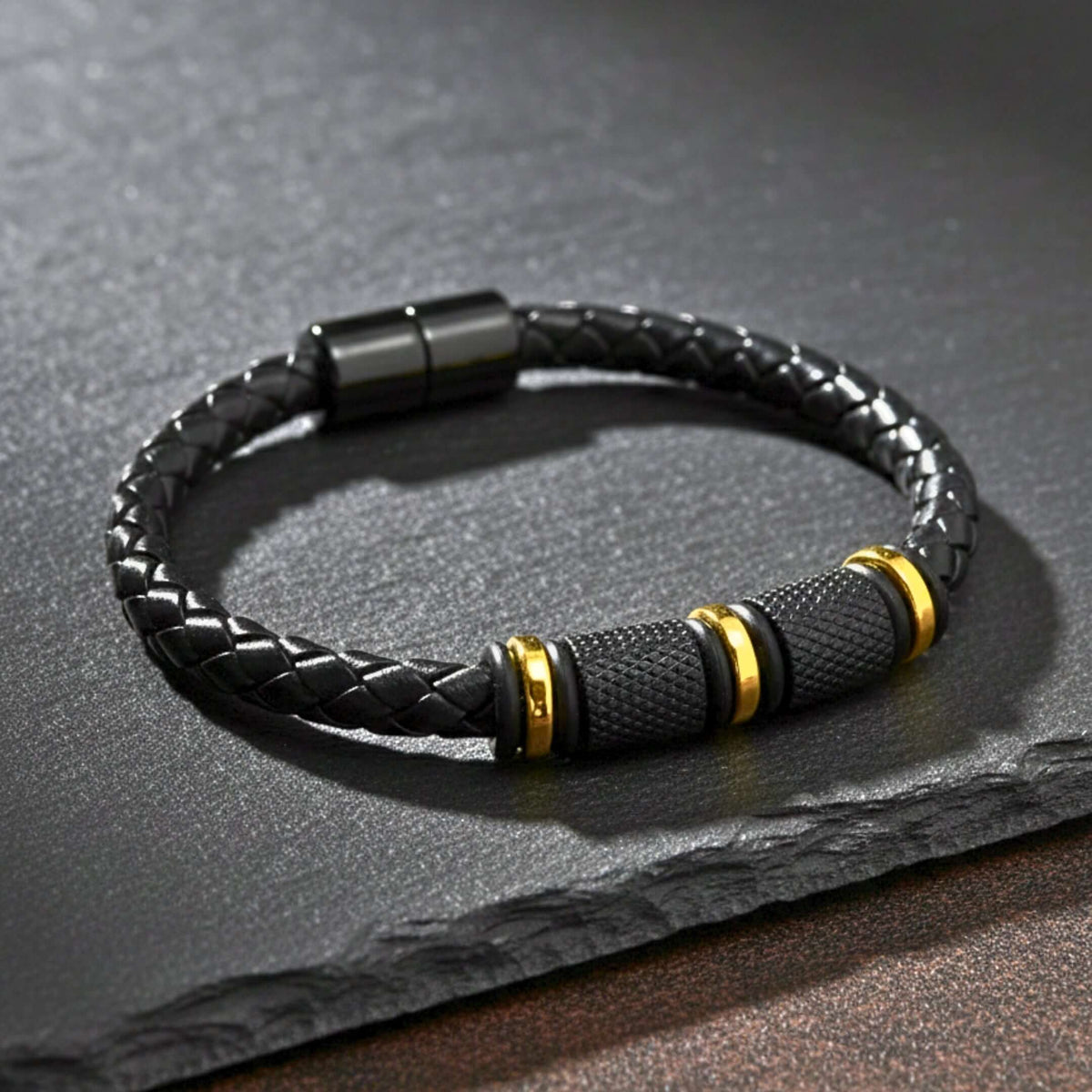 ONYX VALOR - Black 7mm Genuine Leather Bracelet with Stainless Steel Magnetic Buckle for Men & Boys (8 inch) — Leather Bracelet for Men | THE MEN THING