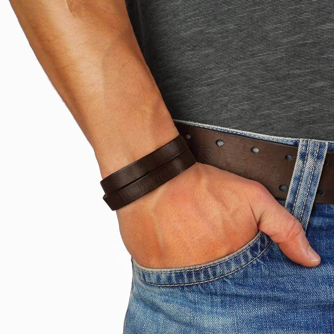 OUTBACK BROWN - Genuine Leather Adjustable Cuff Bracelet with Stainless Steel Hook for Men & Boys - THE MEN THING
