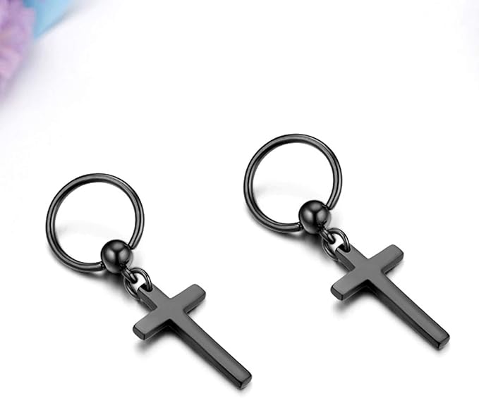 PALADIN BLACK CROSS DROP - Titanium Steel Hoop Earrings for Men & Boys (2 Pcs) - THE MEN THING