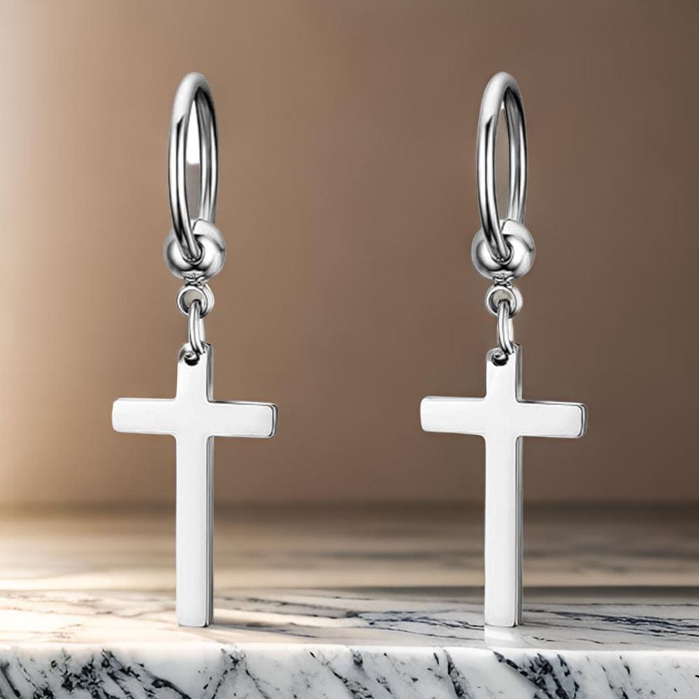 PALADIN SILVER CROSS DROP - Titanium Steel Hoop Earrings for Men & Boys (2 Pcs) - THE MEN THING