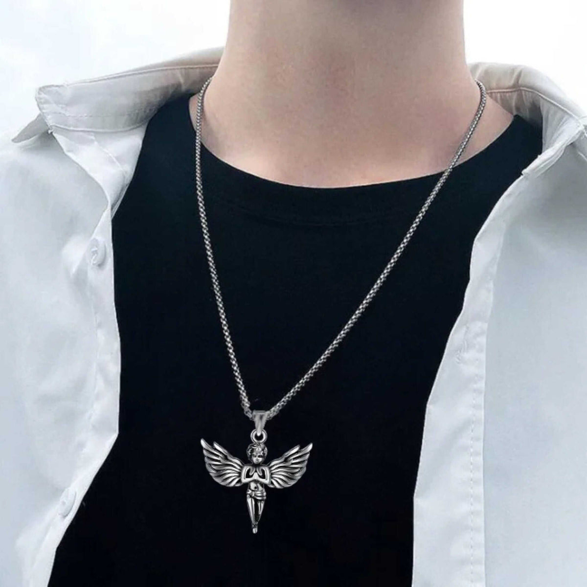 PRAYING ANGEL WING - 44mm Pure Titanium Steel Pendant with 27inch Round Box 4mm Chain for Men & Boys — SS Pendant/ Necklace for Men | THE MEN THING