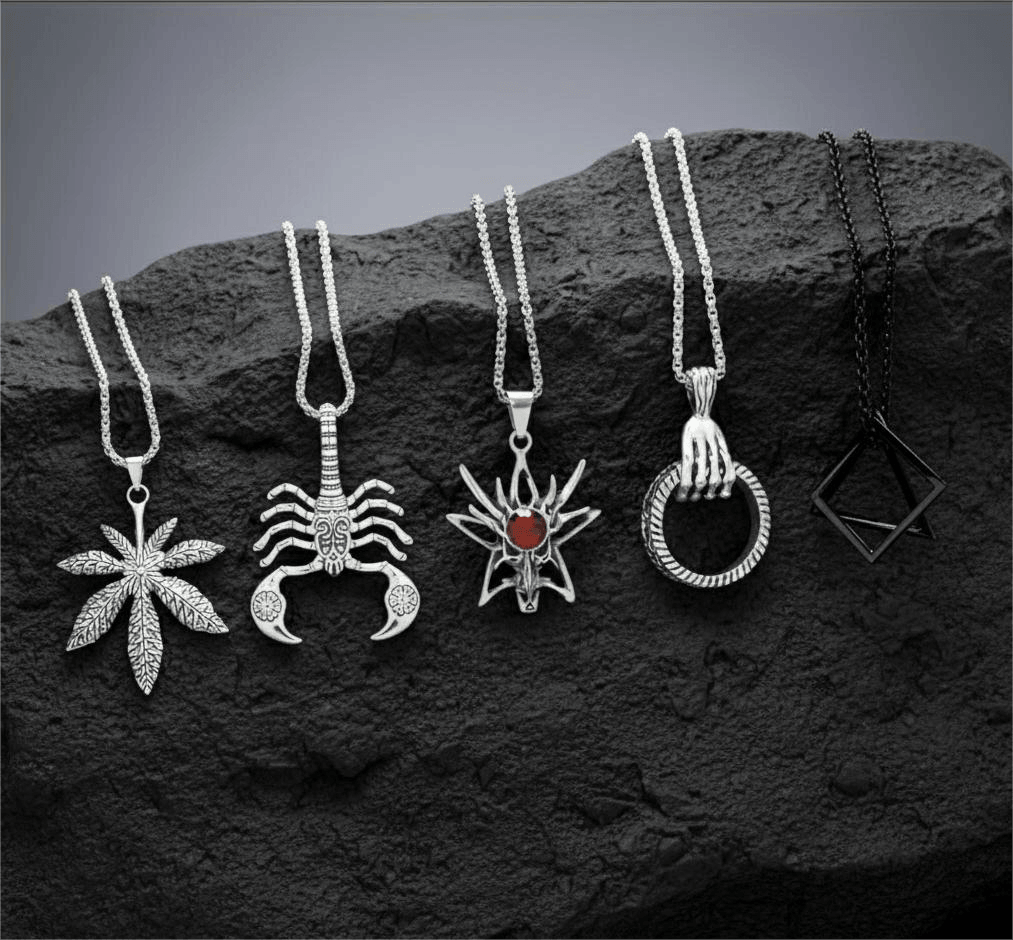 PREDATOR'S REGALIA Collector's 5-Piece Symbolic Pendant Set – KINGSCRÒP, WILD HUNT, CLAW HAND, HEMP-LEAF, & TRESQUARE BLACK Necklaces on 24 Inch Stainless Steel Chain for Mens and Boys — Necklace for Men | THE MEN THING