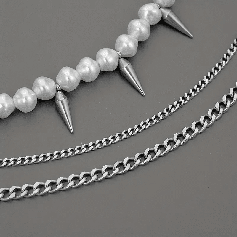 PRISMATIC PEARL ARMORY - Pearl Necklace with Man Stainless Steel Cuban Chain Spikes Pendant Necklace for Men & Boys (18 - 21 Inch) - THE MEN THING