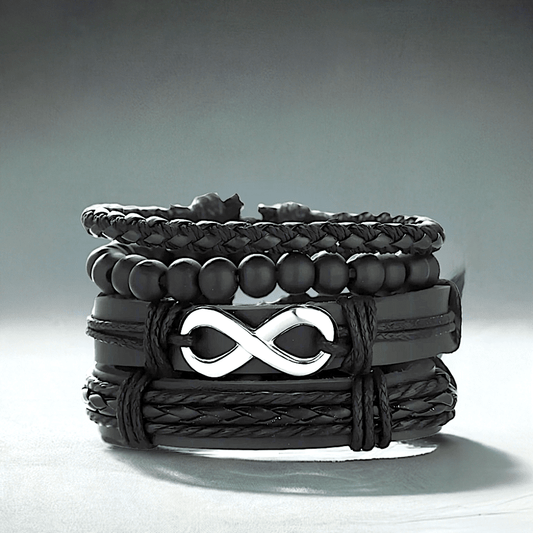 QUADRA-FUSION INFINITY SILVER - 4 Pcs Black Genuine Braided Leather Bracelet Set, Tribal Woven Ethnic Wrap Infinity Bracelet for Men & Boys (8 inch) — Leather Necklace for Men | THE MEN THING