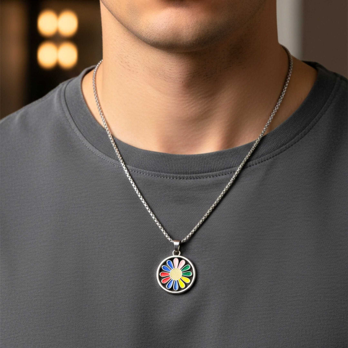 RAINBOW DAISY - 27mm Pure Titanium Steel Pendant with 27inch Round Box 4mm Chain for Men & Boys — SS Pendant/ Necklace for Men | THE MEN THING