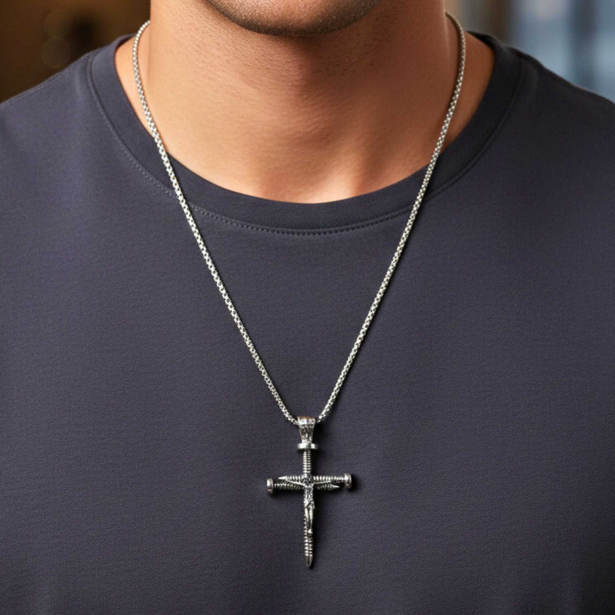 REDEMPTION NAIL CROSS - 35mm Pure Titanium Steel Pendant with 27inch Round Box 4mm Chain for Men & Boys — SS Pendant/ Necklace for Men | THE MEN THING