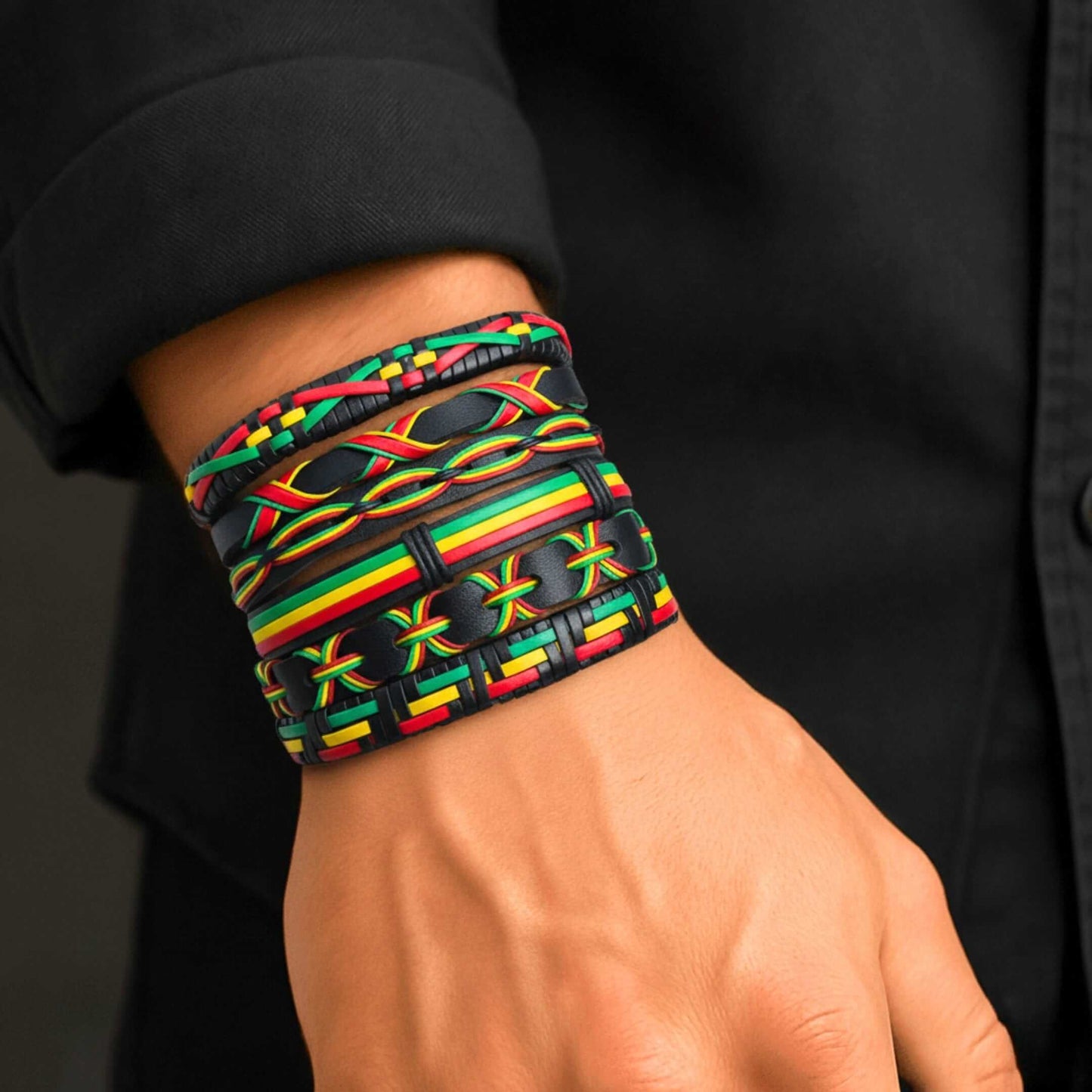 REGGAE - 6 Pcs Genuine Leather Adjustable Bracelet Set for Men & Boys (8 inch) — Leather Bracelet for Men | THE MEN THING