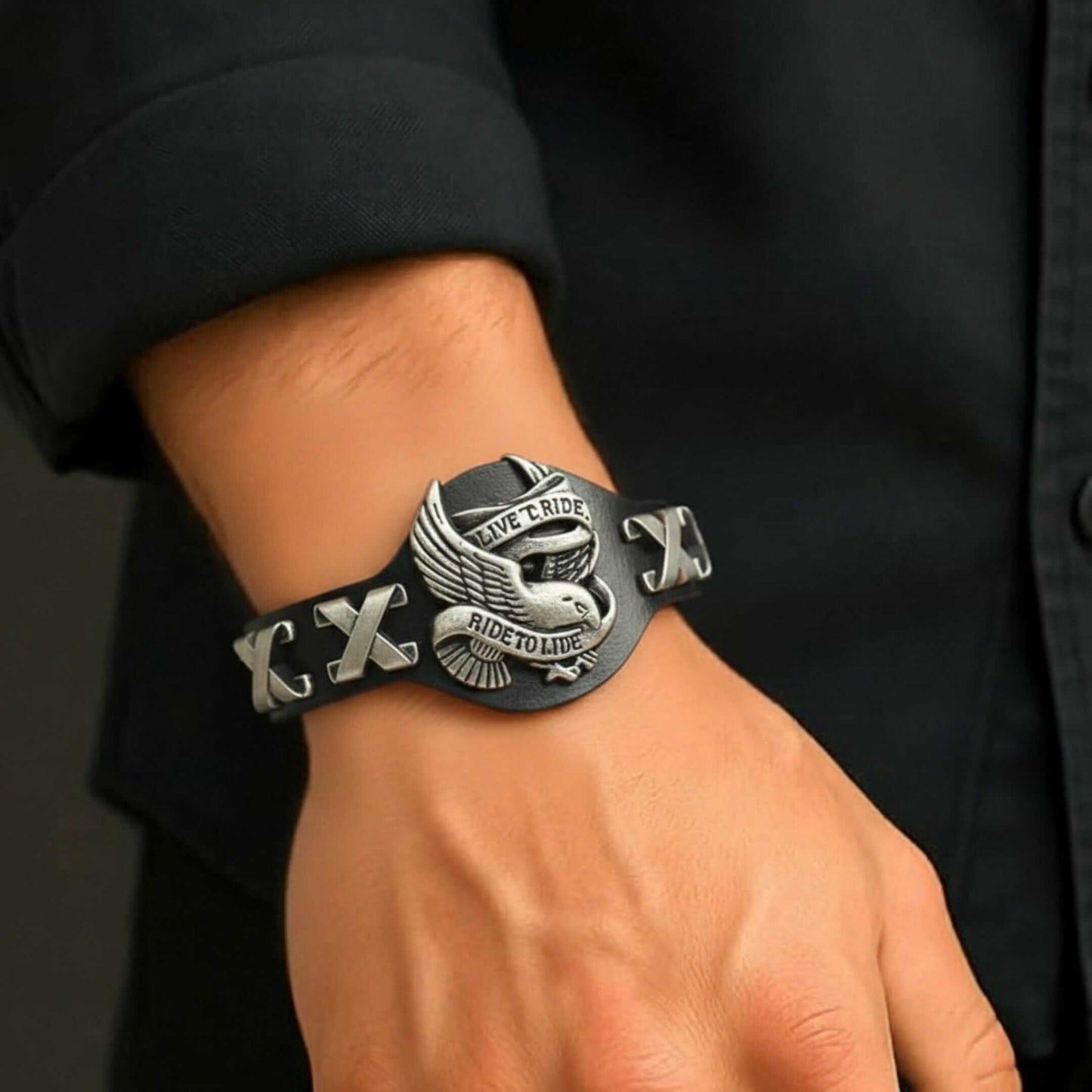 RIDESOUL EAGLE - 17mm Black Genuine Leather Adjustable Bracelet for Men & Boys (9.8 inch) — Leather Bracelet for Men | THE MEN THING