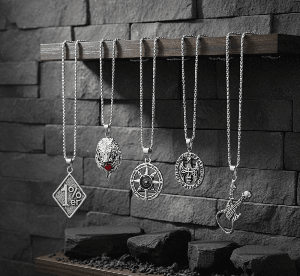 ROADIE’S ARSENAL High Stakes 5-Piece Collector's Pendant Set – SKULL GUITAR, VINTAGE AXE, RUBY FOX, DIRECTIONAL STAR, & 1% - PENDANT Necklaces on 24 Inch Stainless Steel Chain for Mens and Boys — Necklace for Men | THE MEN THING