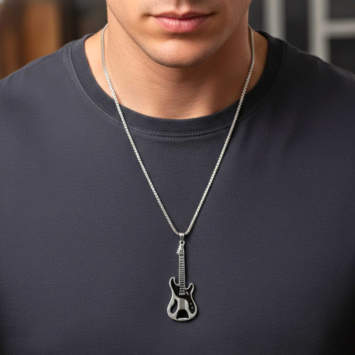 ROCKSTAR GUITAR - 27mm Pure Titanium Steel Pendant with 27inch Round Box 4mm Chain for Men & Boys — SS Pendant/ Necklace for Men | THE MEN THING