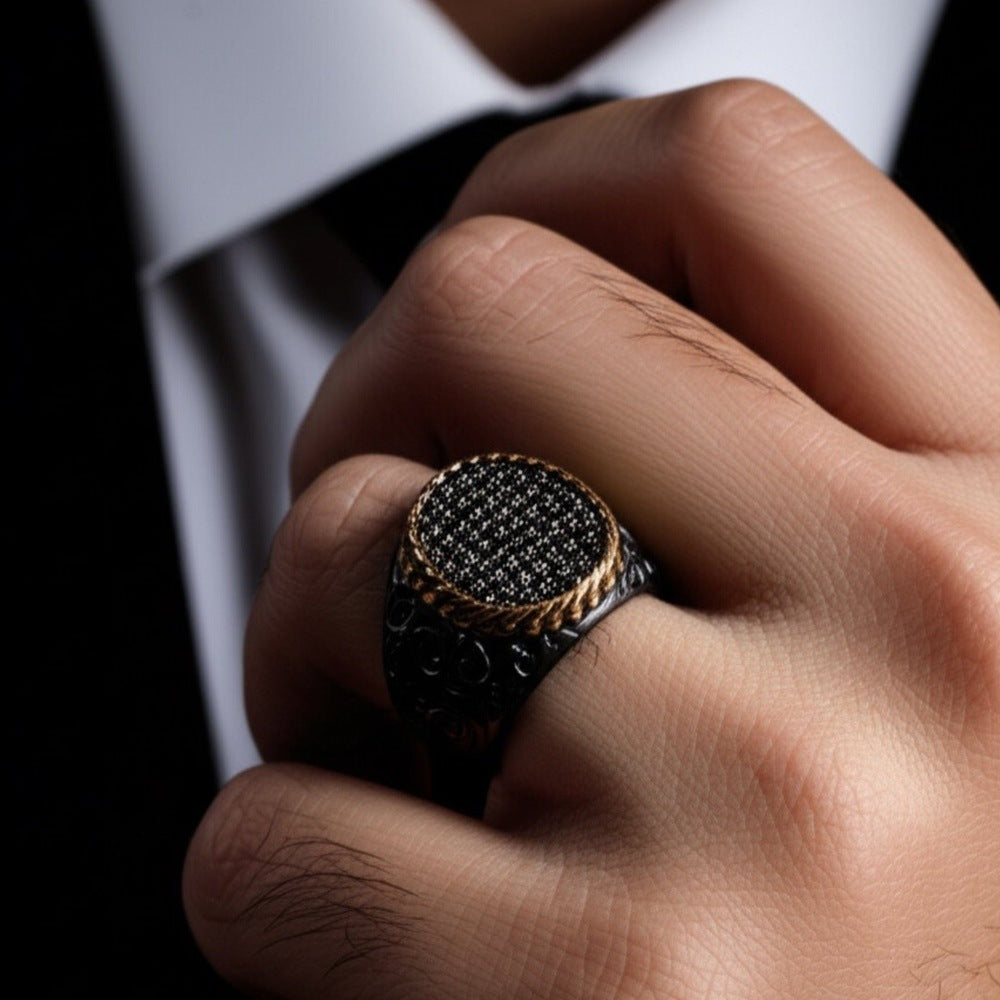 Royal Series - DARK HALO RING - Pure Stainless Steel Men’s Steel-Plated Black-Gold Ring – Statement Luxury Jewelry (Size : 16-21-26) - THE MEN THING