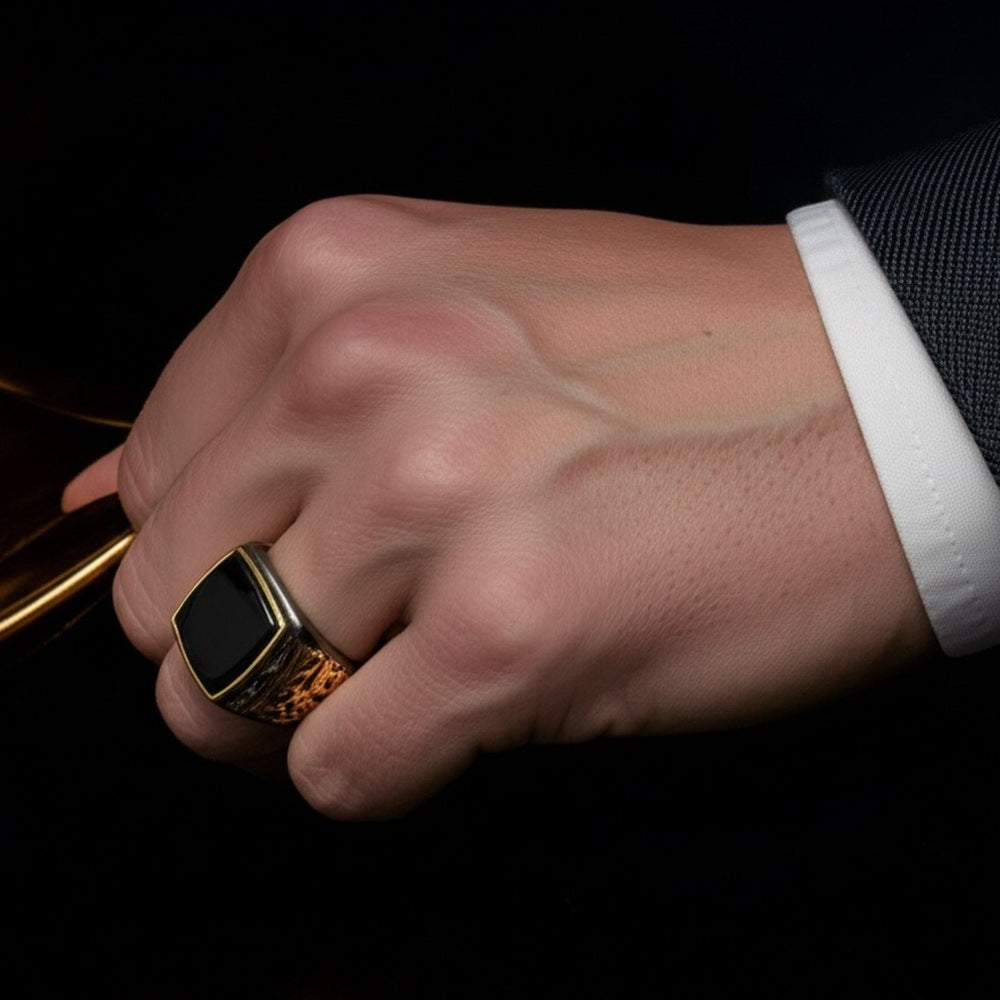 Royal Series - MIDNIGHT ORACLE RING - Pure Stainless Steel Men’s Black-Gold-Plated Ring – Statement Luxury Jewelry (Size : 16-19-21-22-24-26) - THE MEN THING