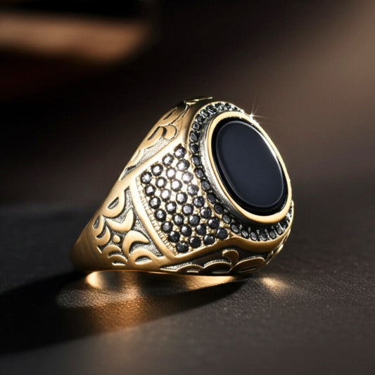 Royal Series - MIDNIGHT THRONE RING - Pure Stainless Steel Men’s Steel-Gold-Plated Ring – Statement Luxury Jewelry (Size : 16-17-22-26-27) - THE MEN THING
