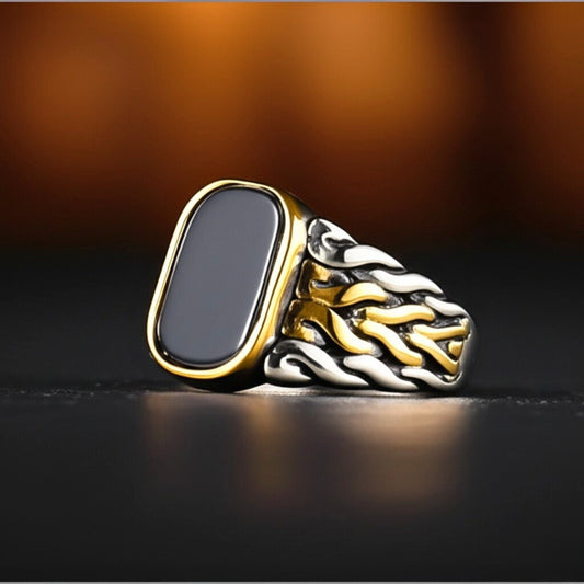 Royal Series - NIGHTFIRE CREST RING - Pure Stainless Steel Men’s Steel-Gold-Plated Ring – Statement Luxury Jewelry (Size : 17-24-27) - THE MEN THING