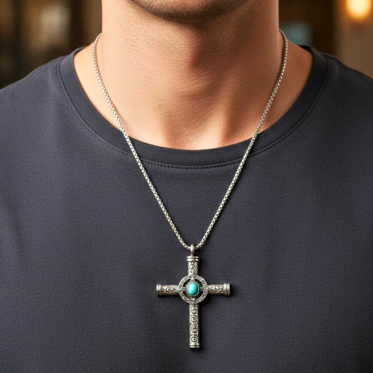 SANCTUS TURQUOISE CROSS - 48mm Pure Titanium Steel Pendant with 28inch Round Box 4mm Chain for Men & Boys — SS Pendant/ Necklace for Men | THE MEN THING
