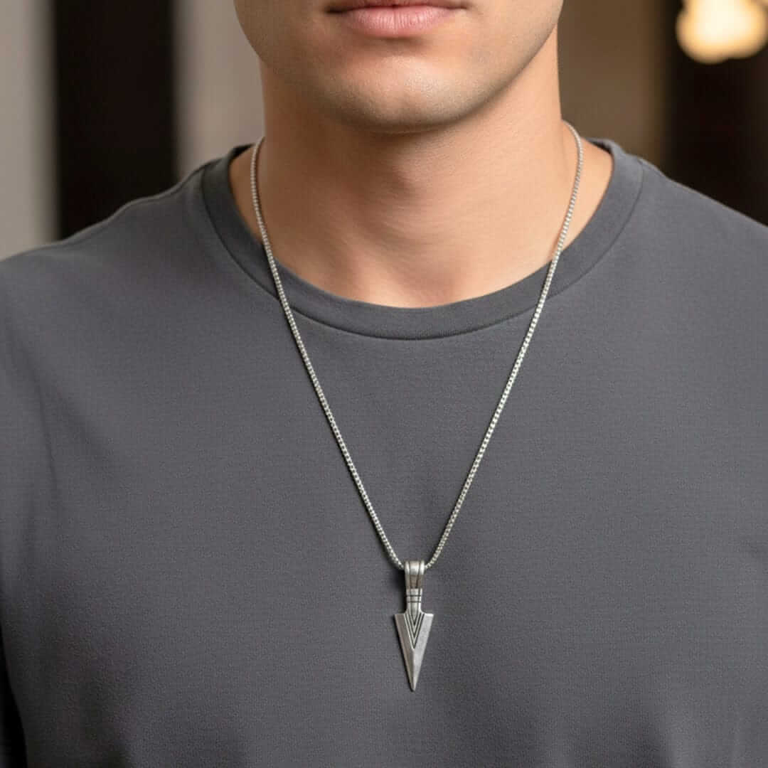SENTINEL SPEARHEAD - 14mm Pure Titanium Steel Pendant with 28inch Round Box 4mm Chain for Men & Boys — SS Pendant/ Necklace for Men | THE MEN THING