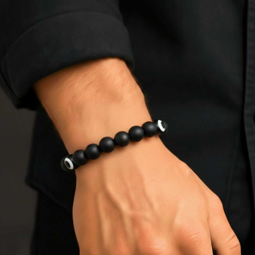 SHADOW EVIL EYE - 12mm Beads Bracelet with Natural Stone - Adjustable Bracelet — Beads Bracelet for Men | THE MEN THING