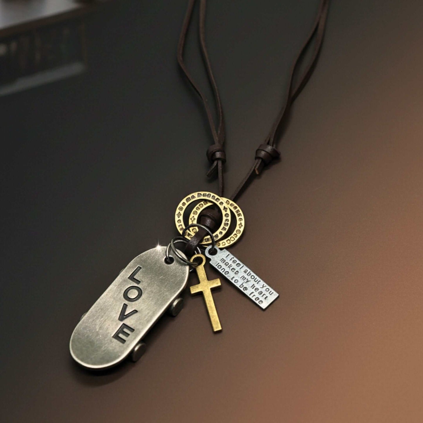 SILVER SKATE LOVE – 2-Inch Pure Stainless Steel Pendant with Adjustable Brown Leather Rope for Men & Boys — Leather Necklace for Men | THE MEN THING