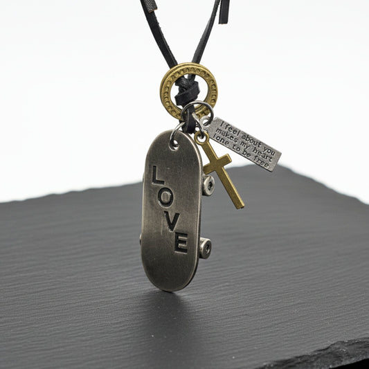SILVER SKATE LOVE – 2-Inch Pure Stainless Steel Pendant with Adjustable Dark Brown Leather Rope for Men & Boys - THE MEN THING