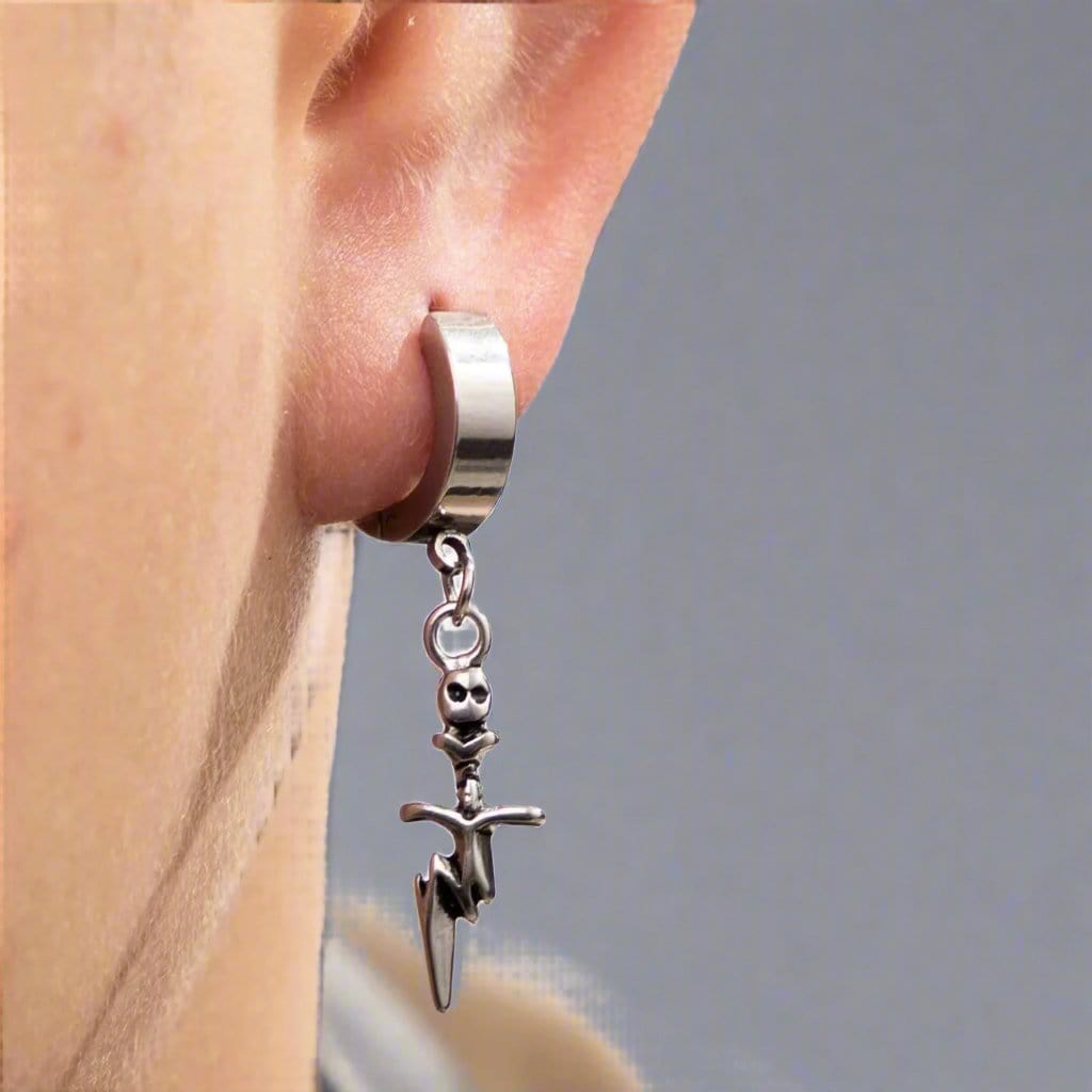 SKULL DAGGER SILVER - Pure Titanium Steel Ear Hoop Earrings for Men & Boys (2 Pcs) — Nose & Ear Ring for Men | THE MEN THING